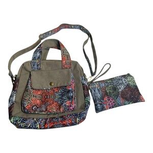 Black Butterfly Canvas Floral Crossbody Handbag With Wristlet